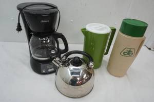 lot 219 image: Tea Pot, Sunbeam Coffee Maker, Thermos, and Pitcher