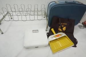 lot 230 image: Shoe Rack, Scale, dust pan, small light blue luggage