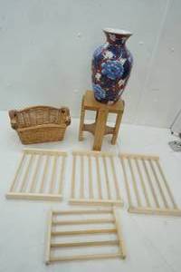 lot 232 image: Wicker Basket, Vase, Wooden Plant Stand
