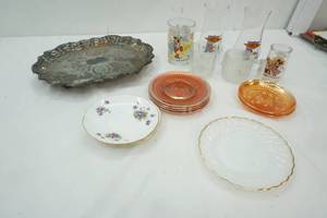 lot 113 image: Silver Plated Tray, Flintstone glassware, saucer plates,