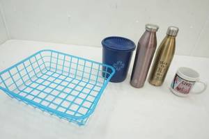 lot 130 image: Blue Basket, Coffee Cup, 2 drinking containers & a Blue Canister