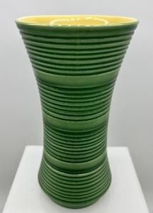lot 25 image: RED WING POTTERY Green and Yellow Ribbed Vase - 820