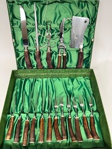 lot 2 image: BARON - Solingen Germany - Stainless Steel Stag Horn Carving Set w Rostfrei 12 Pc Steak Knife & Fork Set