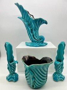lot 20 image: RED WING POTTERY - Vases and Candle Holders - Crackle Turquoise with Bronze