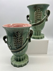 lot 61 image: Vintage RED WING POTTERY - Wheat Urn Vases - QTY of 2 - Light Green 1106