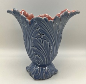 lot 103 image: Vintage RED WING POTTERY - Blue Leaf Vase w Pink Interior - 1096