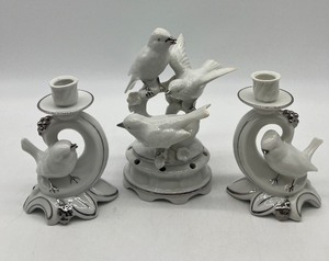 lot 89 image: Vintage DRESDEN Figural Bird Flower Frog and 2 Matching Candle Holders