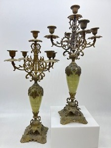 lot 8 image: Antique Pair of Ornate Onyx Candelabra - 5 Candle Holder