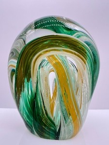 lot 165 image: Artisan Free Form Glass Paperweight - Green, Yellow and White