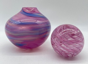 lot 169 image: Signed Art Glass Vase and Solid, Artisan Glass Ball in Pink