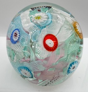 lot 167 image: Vintage Murano Latticino Lattice Ribbons and Millefiori Glass Paperweight