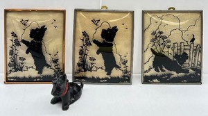lot 178 image: Vintage Reverse Silhouette On Convex Glass - Scottie Dogs set of 3 and Scottie Dog Figurine - Japan