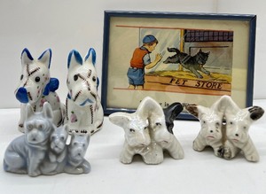 lot 179 image: Vintage Dog Figurines marked Japan and Framed Mini Art Piece