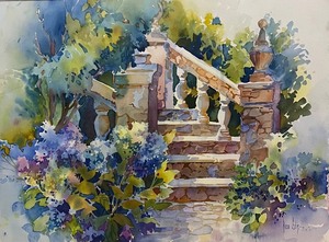 lot 182 image: ROSE EDIN Watercolor Painting Original - Garden Stairway