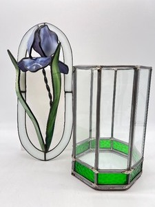 lot 201 image: Leaded Glass Dimensional IRIS Wall Art and Candle Holder