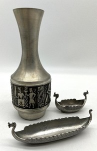 lot 211 image: NORSK TINN Pewter Vase and TBP TINN Handstopt Miniature Viking Ships