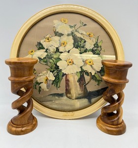 lot 212 image: Vintage Round Floral Art and Solid Wood Twisted Candle Holders