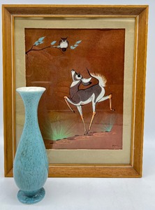 lot 213 image: Vintage Framed Art Print and RED WING POTTERY Speckled Bud Vase M1509
