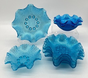 lot 220 image: Assorted Blue Waffle Ruffle Glass Bowls - QTY 7 - Including Colony Italy