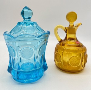 lot 221 image: FOSTORIA Coin Glass Covered Candy Dish and Cruet