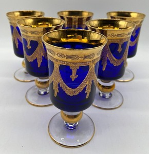 lot 237 image: ARTE ITALICA Cobalt Blue with Gold Encrusted Band and Swags Glasses - QTY 6