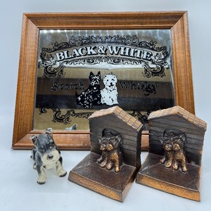 lot 242 image: Vintage Black & White Scotch Whiskey Mirror, Scottie Dog Bookends and LEFTON Schnauzer Dog Figurine