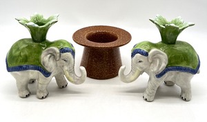 lot 273 image: Vintage Italian Ceramic Elephant Candle Holders and Top Hat Planter