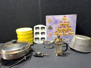 lot 1578 image: DESSERT STAND, TUPPERWARE, SALAD MASTER ELECTRIC SKILLET, FRENCH COFFEE PRESS AND OTHER ITEMS