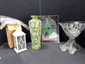 lot 1586 image: 27 PIECE PUNCH SET, VASE BATTERY LIGHT, STAINED GLASS PICTURE