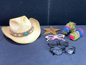 lot 1598 image: BLACK CANYON WOMENS HAT, BUDDY HOLLY GLASSES AND OTHER ITEMS