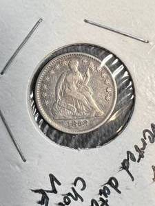 1858 US SEATED LIBERTY HALF DIME OVER INVERTED DATE VF