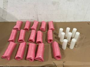 lot 133 image: White Pillar Candles and Glass Candle Holders