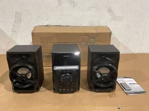 lot 178 image: Magnavox 3-Piece CD Shelf System with Bluetooth, FM Radio, Remote Control, Colored Speaker Lights