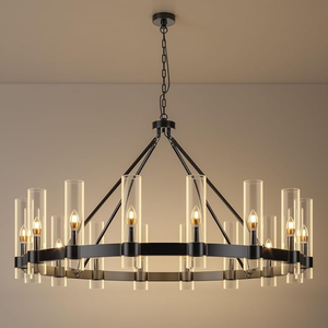 lot 12 image: 48 Inch Black Wagon Wheel Chandelier with Glass Shade, 16 Lights