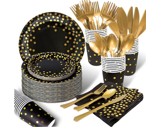 lot 522 image: Black and Gold Party Supplies, Serves 25 Disposable Party Dinnerware