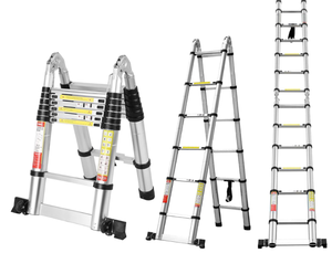 lot 61 image: 12.5FT A Frame Telescoping Ladder, Extension Ladder wBalance Bar & Wheels