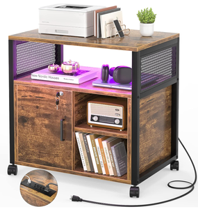 lot 566 image: Unikito File Cabinet with LED Lights and Power Outlets, Rolling Printer Stand with Storage and USB Charging Ports