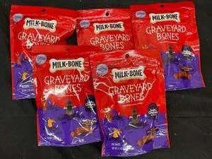 lot 235 image: Milk Bone Graveyard bones Dog Chews 5 bags Best by 06062024
