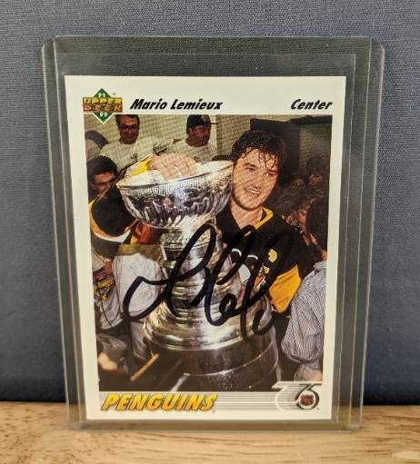 lot 37 image: 1991 Upper Deck Mario Lemieux Autographed Hockey Card NHL Pittsburgh Penguins E
