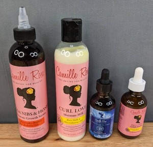 lot 63C image: (4) Brand New Camille Rose Hair Products Ultimate Growth Serum, Curl Love Moisture Milk, Strengthening Oil, & Rejuva-Drops Serum Package Retails for $59.23 I