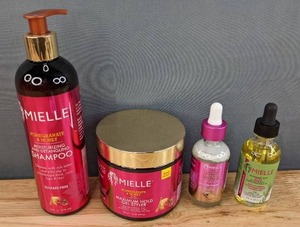 lot 23C image: (4) Brand New Mielle Hair Products Moisturizing & Detangling Shampoo, Maximum Hold Gel Styler, Rice Water Split End Drops, Rosemary Mint Scalp & Hair Strengthening Oil Package Retails for $52.71 I
