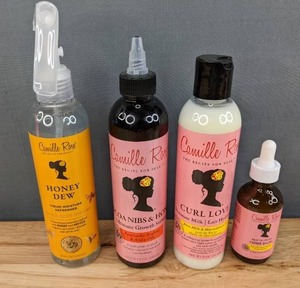 lot 86B image: Brand New Camille Rose Hair Care Bundle Hair Spray, Strength Serum, Conditioning Cream and Rejuva Drops Package Retails for $55.92 I