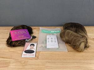 lot 75 image: (2) New Wigs - BeiSD Short Mix Brown Blonde Wig and Lativ Long Blonde Wig With Bangs  Q