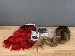 lot 74 image: (2) New Wigs - Shinyshow Short Red Wig, Kellyknee Long Ombre BrownBlonde Wig Q