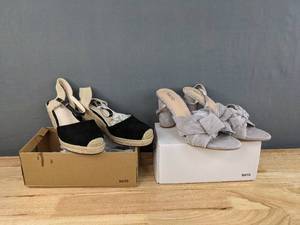 lot 82 image: (2) New Pairs of Womens BayQ Shoes - Black Platform Wedge Sandals & Pleated Bowknot Chunky Heeled Sandals Q