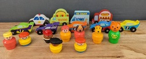 lot 130 image: Assortment of Kids Toys Fisher Price Little People, Wooden Race Cars and Food Trucks  E
