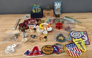 lot 127 image: Assortment of Miscellaneous Patches, 3D Laser Etched Rainbow Paper Weight, Buttons, Costume Jewelry Beads, Yo-Yo, Figurines, Etc. E