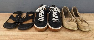 lot 122 image: Three Pairs of Womens Sperry Size 9.5 Shoes, Born Size 9 Sandal and Animal Print Size 10 Shoes F