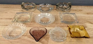 lot 132 image: Assortment of 10 Glass Ashtrays Clear, Yellow, Heart, Circle, Etc. E