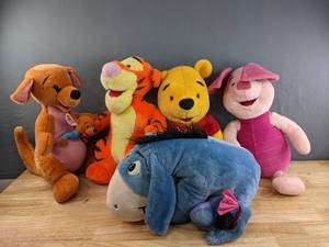 lot 87A image: Winnie the Pooh and Friends Stuffed Animals Winnie the Pooh, Tigger, Piglet, Eeyore, & Kenga w Roo E